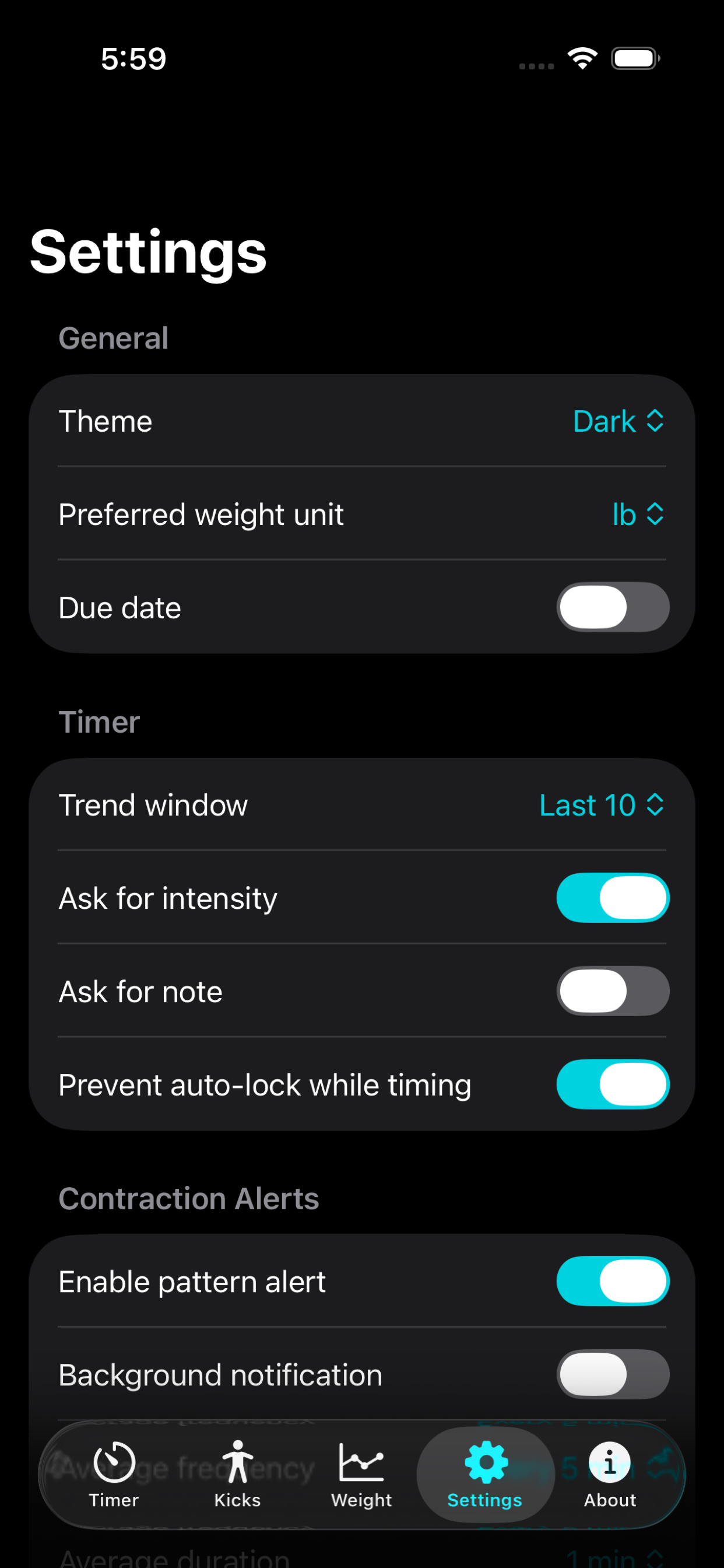 LocalOne Contractions settings screen