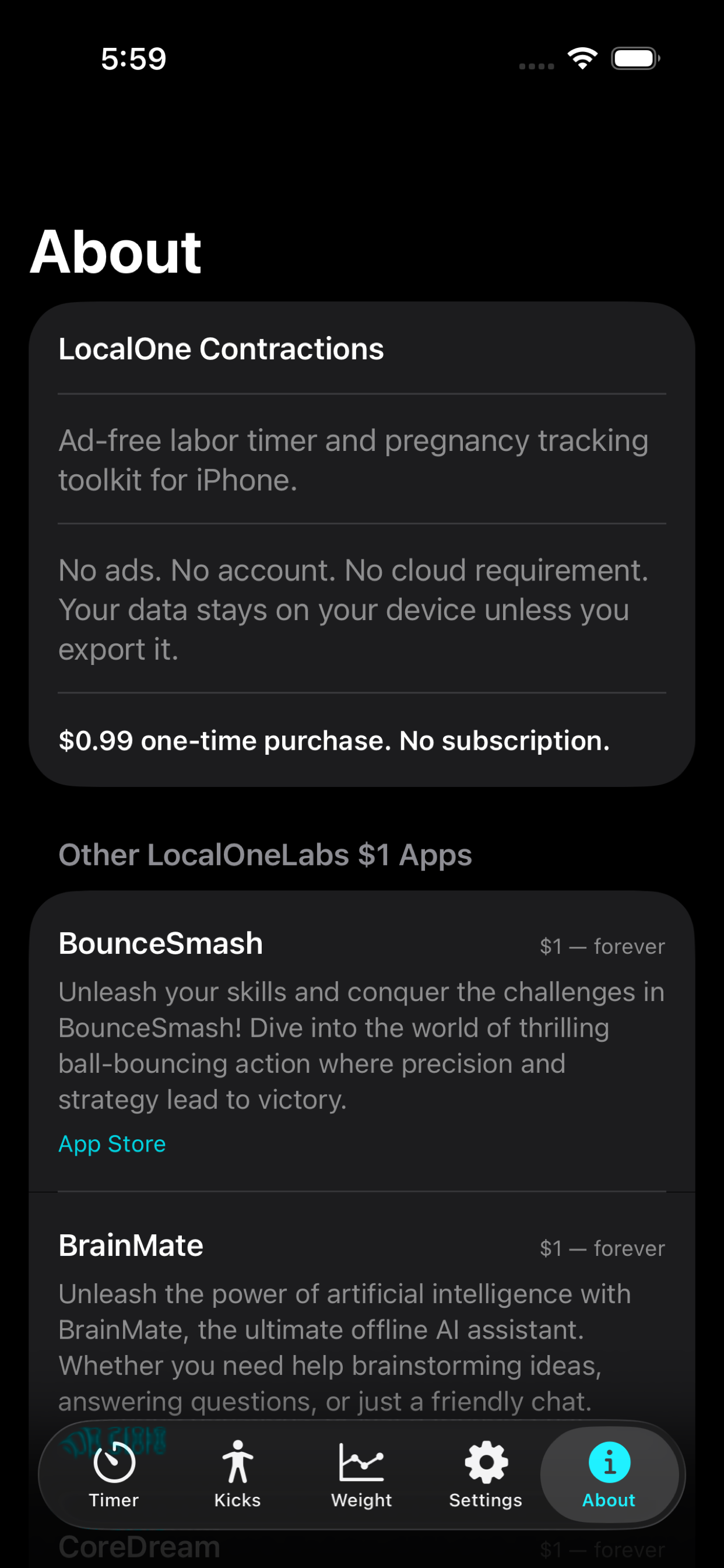 About LocalOne Contractions screen