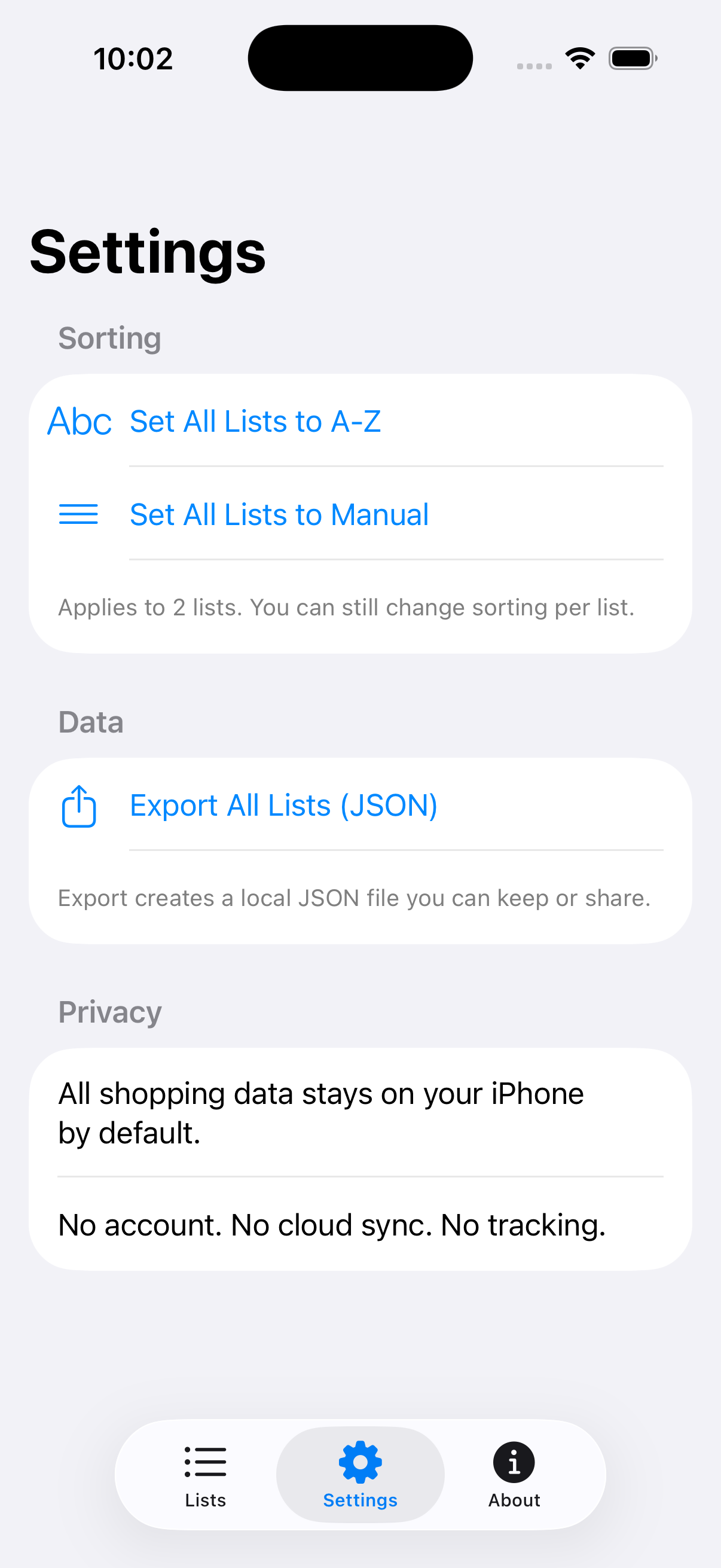 Shopping list settings