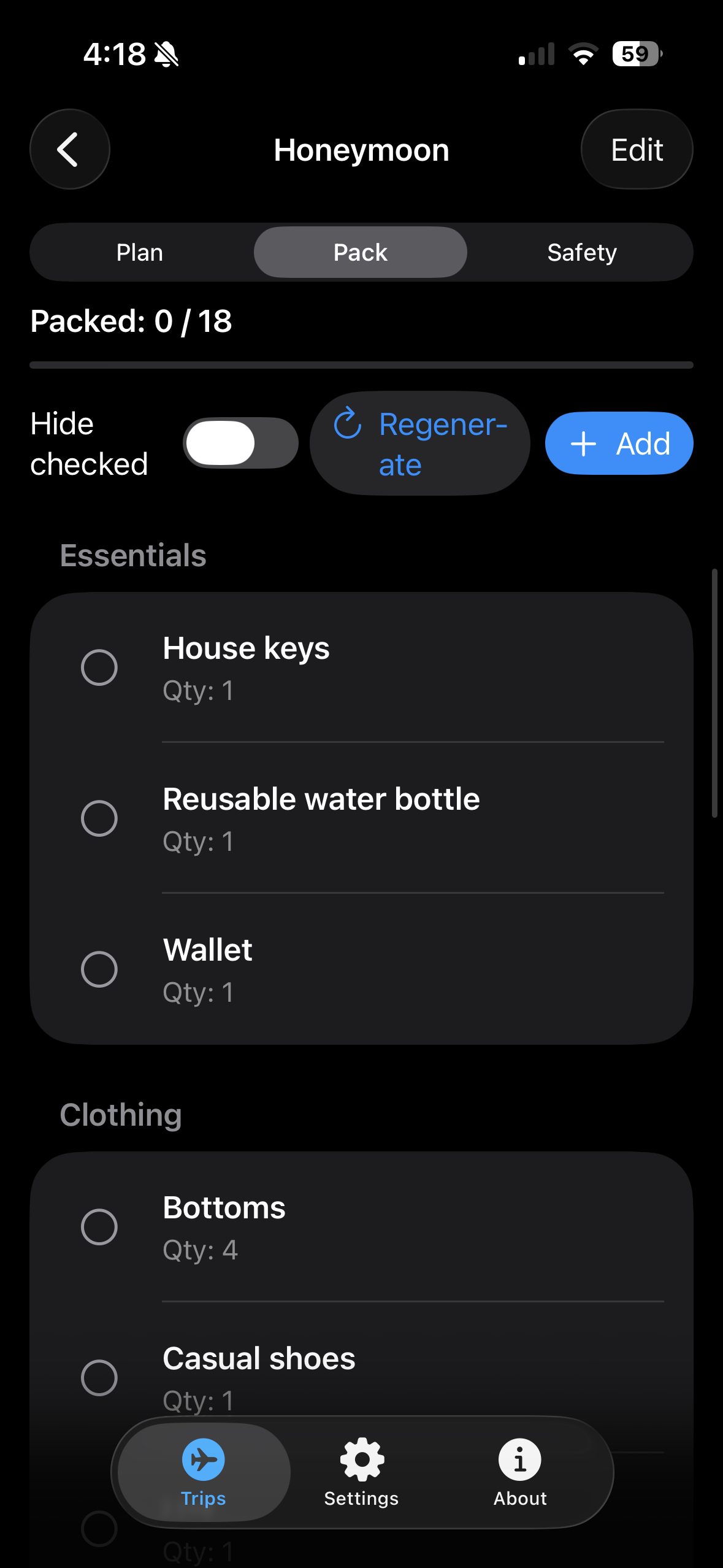 Packing and safety checklist